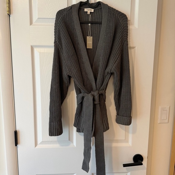 Haven Well Within Sweaters - Haven Well Within Women's Gray Shimmer Knit Belted Cardigan Sweater